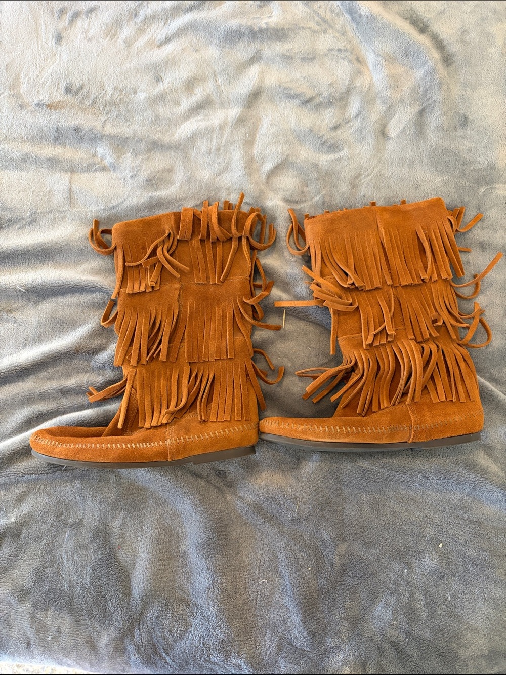 Minnetonka Fringe Suede Moccasin Boots in Cognac Brown